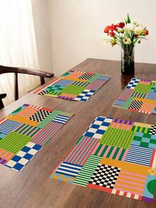 2 piezas Manteles individuales a rayas y cuadros de colores, diseño abstracto retro, resistentes al calor y fáciles de limpiar, adecuados para cocina, hogar, interior/exterior, mesa de comedor, cafetería - Multicolor - Ver 3