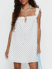 Women's Casual Mini Dress, Loose Fit, Polka Dot/Solid Color Print, Bow, Ruffles, Sleeveless Square Neck A Line Short Dresses Flowy Dresses SummerBeach - Ngà voi - Xem 4