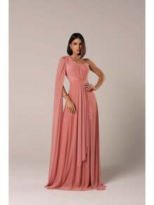 Long Wedding Dress For Bridesmaid - Flowing Style With Cape And Slit - Rose - View 3
