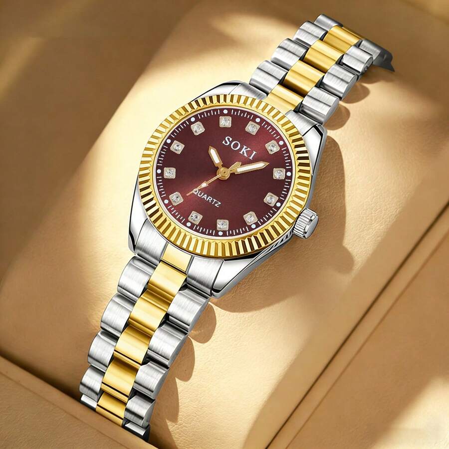SOKI SOKI Damen Mode Luxus Runde Strass Zifferblatt Quarz Uhr, geeignet für den täglichen Gebrauch, Geburtstagsgeschenk, Geschenk zum Schulanfang, ideales Geschenk für sich selbst oder Freunde