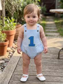 Baby Girls Boys First Birthday Romper Sleeveless Number Embroidery Overalls Playsuit - Blue - View 1