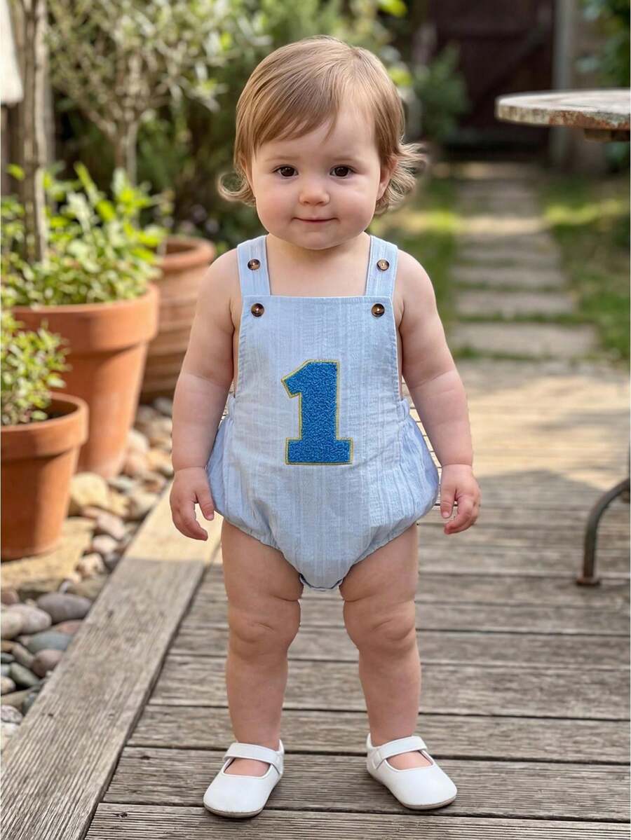 Baby Girls Boys First Birthday Romper Sleeveless Number Embroidery Overalls Playsuit - Blue - View 1