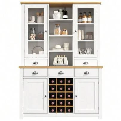 Tall Multi-Purpose Home Cabinet With Anti-Tip Device, Freestanding Cabinet For Kitchen And Living Room With Glass Door, Metal Handles And Soft Close, Removable Bottle Rack, White Color.