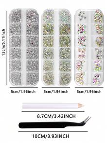 3盒裝混合形狀AB美甲水鑽套組，2mm-12mm圓形與不對稱平底水晶，附取鑽筆與鑷子，適用美甲藝術、DIY手工藝與珠寶裝飾 - 彩色 - 查看 3