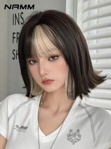 NAMM 12英寸黑棕色挑染白色米色短款波波头直发假发，适合女性，时尚简约，短卷发带刘海，丝滑合成纤维，适合日常办公佩戴 - Sakura Celebrations 魅力派对街头风摄影 - 女孩礼物假发配件 - 挑染米色 - 查看 2