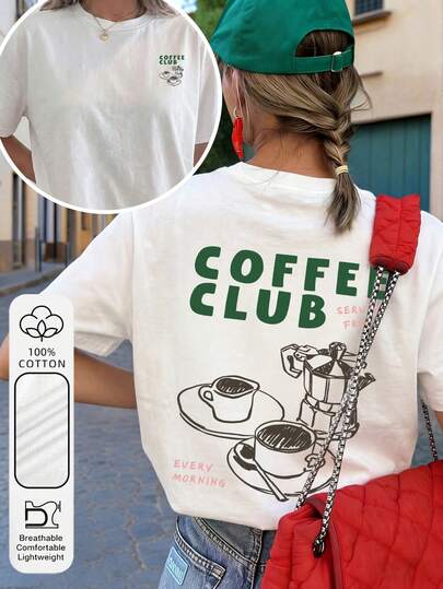 Women's Daily 100% Cotton Hand-Painted Moka Coffee Maker Graphic Crew Neck Short Sleeves Simple Summer Women's White Tops .Summer New Simple Fashion Hand-Painted Moka Pot Coffee Utensil Letter Print Casual Round Neck Short Sleeve T-Shirt, Fashionable & Versatile Women Top