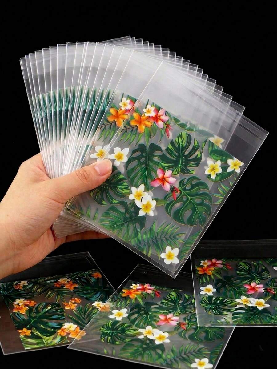 100个热带棕榈叶自粘礼品袋，自封袋，夏威夷草裙舞派对礼品袋，糖果袋，婚礼生日装饰，夏季海滩派对用品，夏威夷热带派对礼品包装袋，阿罗哈主题派对礼品袋，派对小礼物