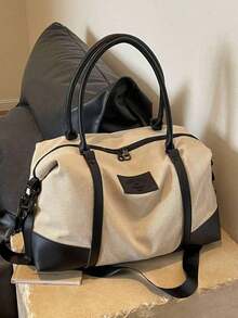 Color Block Travel Tote Bag, Large Capacity Handheld/Shoulder/Crossbody Duffel For Short Trips, Vacation, Gym, Beach & Back To School - 黑色 - 查看 13