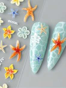 2pcs 5D Embossed Ocean Style Nail Art Stickers - Orange Hibiscus Flower & Starfish Nail Decals - Summer Beach/Vacation/Music Festival DIY Nail Decoration - Multicolor - View 7