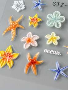 2pcs 5D Embossed Ocean Style Nail Art Stickers - Orange Hibiscus Flower & Starfish Nail Decals - Summer Beach/Vacation/Music Festival DIY Nail Decoration - Multicolor - View 6