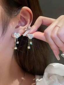 2 đôi bông tai đối xứng đính đá lấp lánh hình trái tim đơn giản, quà tặng hẹn hò cho nữ nhân dịp kỳ nghỉ. - Vàng - Xem 5