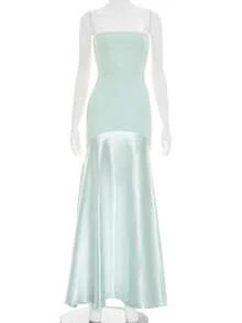 Vestido largo sirena sin tirantes con tul a la moda europeo y americano - Verde - Ver 5