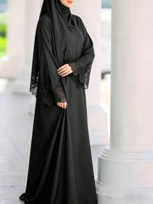 Women's Solid Color Lace Patchwork Contrast Trim Vacation Dress Black Spring - Black - View 5