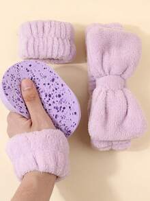 4 piezas Diadema morada + Muñequeras + Esponja de limpieza, Diadema de spa suave y esponjosa y muñequeras absorbentes de agua, Borla de limpieza facial reutilizable para el cuidado de la piel, maquillaje y ducha - Púrpura malva - Ver 6