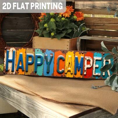 1 pieza Cartel metálico plano 2D "Happy Camper", decoración de pared rústica con tema de camping, apto para interior/exterior, garaje, caravana, cabaña, cueva de hombre, decoración de pared rústica, cartel decorativo, tamaño 3.93x15.74 pulgadas, plano 2D