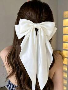 1 pièce Grand clip à cheveux de couleur unie à longue queue, clip à cheveux en satin blanc pour femmes, accessoire de cheveux élégant et mignon - Blanc - Voir 3