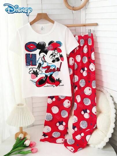 Disney Conjunto de pijama de camiseta de manga corta suave y cómoda con estampado de verano para niña, pantalones anchos de cintura elástica con estampado de frutas de todo el Body para niños