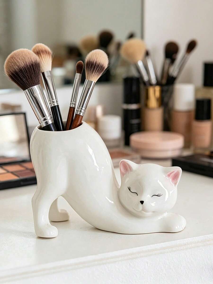 可爱猫咪化妆刷收纳盒，白色猫咪造型化妆品收纳盒，桌面梳妆台化妆刷笔筒，浴室梳妆台装饰 - 白色 - 查看 1
