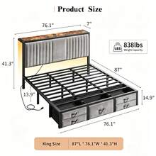 EnHomee Bed Frame With 5 Storage Drawers & Storage Headboard With Outlets, Upholstered Velvet Bed Frame With LED Lights & Charging Station, NO Noise, Easy Assembly, Camas, Grey - 灰色 - 查看 10