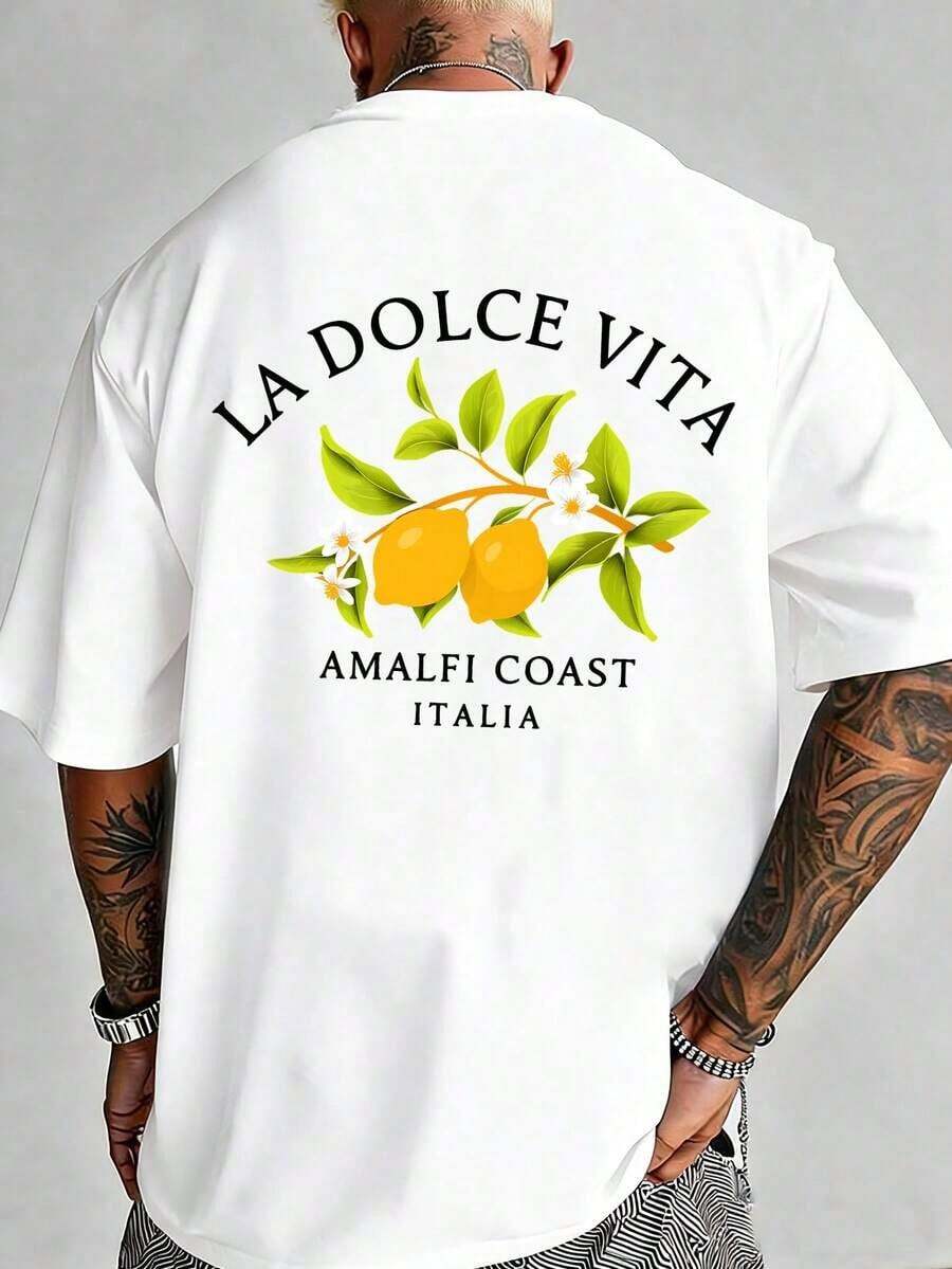 Men's Summer Outfit 2026, Amalfi Coast Pattern T-Shirt, Lemon Print, Men's Casual Pure Cotton Short-Sleeved T-Shirt, Loose And Comfortable Fit, Casual Holiday Clothing, Suitable For Daily And Summer Wear. Summer Men - 白色 - 查看 1