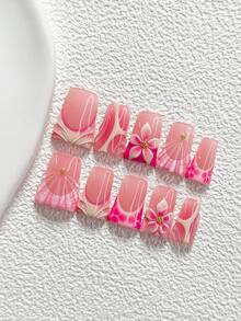 10Pcs Sweet Style Handmade Nail Art Set,Unghie Press On,Hand Pinched Five Petal Flower Nail Art Decorations,Pink And White Nail Polish,Gentle And Stylish Aesthetic,Comes With Nail Tools(1 Sheets Jelly Stickers+1PC Nail File)3 Sizes Available,Almond Nails, Duck Nails,Coffin Nails,Suitable For Reunion,Daily,Party,Photograph,Play,Spring Summer,Commute Supplies Nails - 彩色 - 查看 16