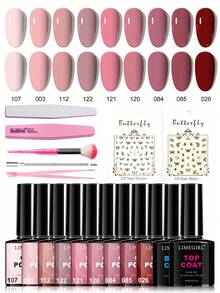 LIMEGIRL 9-Color Nude Gel Nail Polish Set With Base Coat And Top Coat, Removable UV/LED Gel Nail Polish Set With Nail Art Tools, Long-Lasting DIY Nail Art Beginner Set - Multicolor - View 2