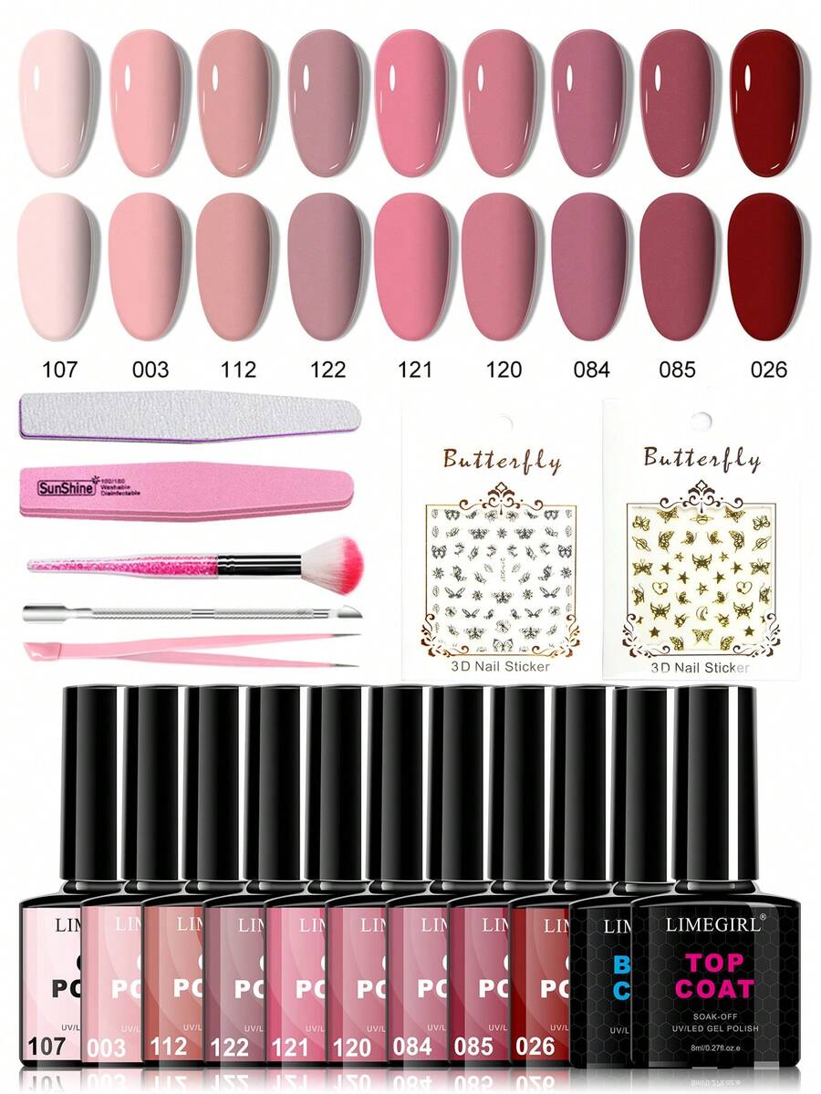LIMEGIRL 9-Color Nude Gel Nail Polish Set With Base Coat And Top Coat, Removable UV/LED Gel Nail Polish Set With Nail Art Tools, Long-Lasting DIY Nail Art Beginner Set