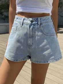 Teen Girls' Washed Denim Shorts, Simple Versatile Design With Elastic Waistband, Suitable For Daily Wear Or School - Light Wash - View 4