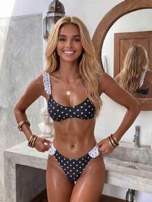 New Arrival Spring/Summer Casual Elegant Sexy Black & White Polka Dot Flounce Design Bikini Swimsuit Set, Suitable For Beach, Vacation, Party - Multicolor - View 1