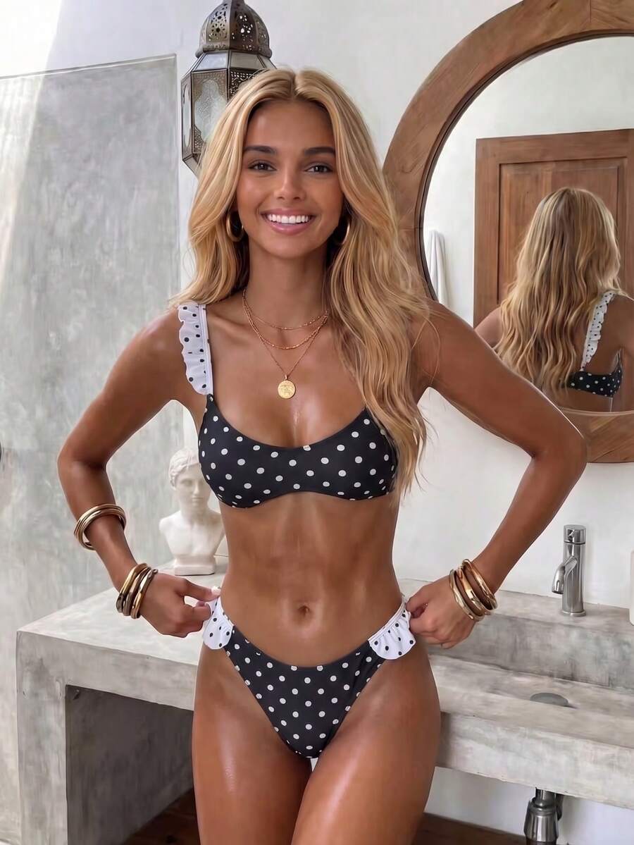 New Arrival Spring/Summer Casual Elegant Sexy Black & White Polka Dot Flounce Design Bikini Swimsuit Set, Suitable For Beach, Vacation, Party - Multicolor - View 1