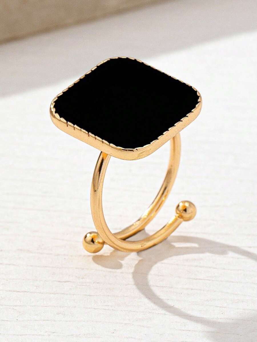 优雅轻盈的奢华设计，方形流沙珍珠奶油色，开口可调节不锈钢女士戒指，订婚戒指礼物 - 黑色 - 查看 1