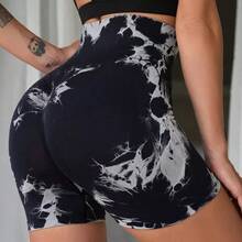 1 Piece Women's Outdoor Fitness Tie-Dye Peach Hip Sports Shorts, High Elastic Tight Quick-Drying Three-Point Yoga Shorts - 黑色 - 查看 6