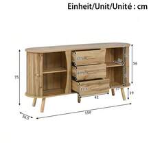 Pea-Shaped Sideboard With Grooved Design, Two Sliding Doors + Three Drawers, Height-Adjustable Compartments, Solid Wood Legs, Wood Look, MDF Material, Modern Scandinavian Style - Natural - View 6