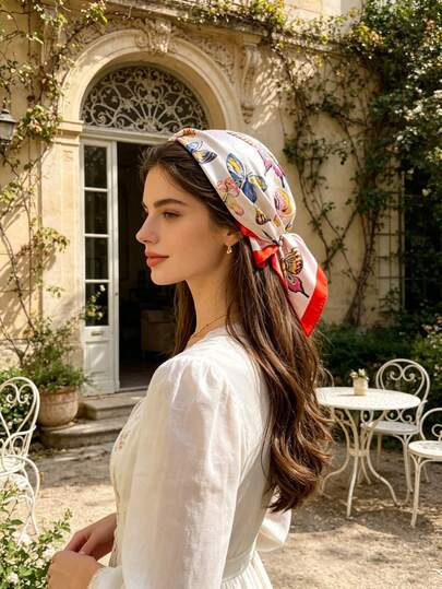 1条蝴蝶印花60厘米方巾，时尚配饰，日常佩戴，可作头巾、领巾等。