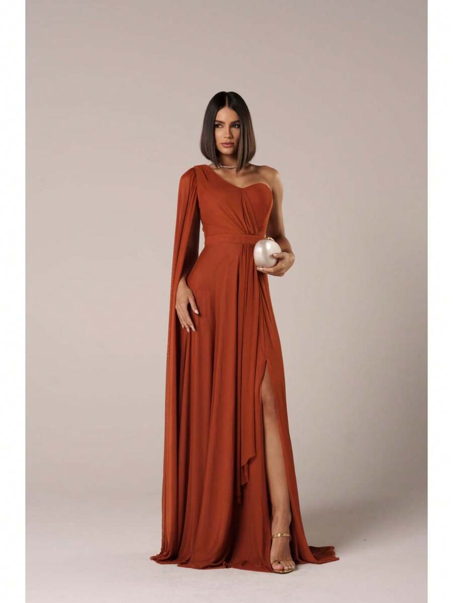 Long Wedding Dress For Bridesmaid - Flowing Style With Cape And Slit - Terracotta - View 1