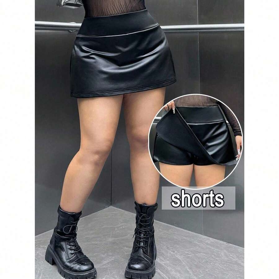 Falda-pantalón negra de tallas grandes para mujer, ideal para festivales y fiestas, de talle alto, entallada y con bolsillos - Negro - Ver 1
