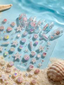 12片3D贝壳和海星美甲贴纸，白色和粉色海洋假日自粘DIY美甲贴纸 - 12张Y2K夏季海洋度假主题自粘贴纸滑块美甲装饰配件美甲用品 - 彩色 - 查看 4