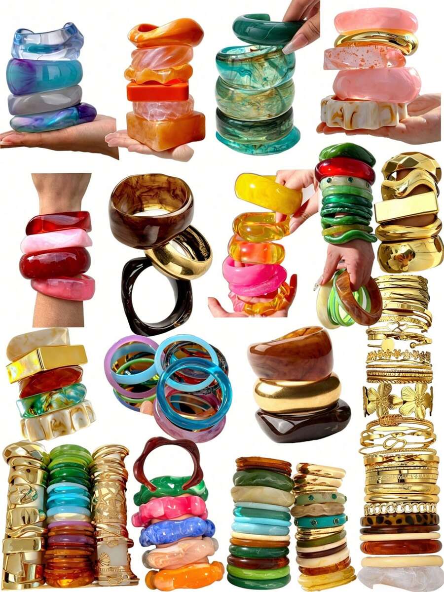Bộ vòng tay BOHO ngẫu nhiên 21/16/9/8/6/4/3 chiếc, phong cách cổ điển, thanh lịch, Bohemian, thích hợp cho kỳ nghỉ hè, đi biển, sinh nhật, tiệc tùng, quà tặng trang sức dễ thương Y2K (Họa tiết hoa bằng nhựa ngẫu nhiên) - Nhiều màu - Xem 1
