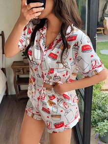 Dreamivo Women's Fried Chicken Print Shirt And Shorts Pajama Set, Casual Comfortable Short Sleeve Lapel Top And Shorts, Suitable For All Seasons - Multicolor - View 1