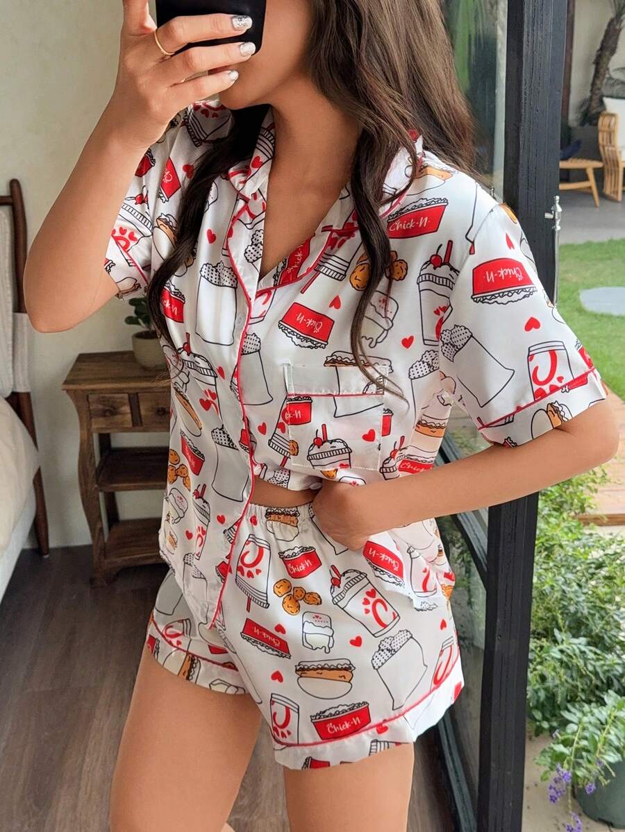 Dreamivo Women's Fried Chicken Print Shirt And Shorts Pajama Set, Casual Comfortable Short Sleeve Lapel Top And Shorts, Suitable For All Seasons - Multicolor - View 1