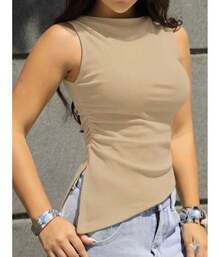 Women's Asymmetrical Tank Top With Ribbed Cuffs And Ruching. - beige - Ver 2