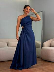One-Shoulder Long Dress With Elegant Cutout – Sophistication And Style For Parties - Azul Marino - Ver 1