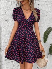 Vestido con estampado floral en toda la prenda, manga abullonada, atuendo para vacaciones y playa para mujeres - Morado - Ver 12