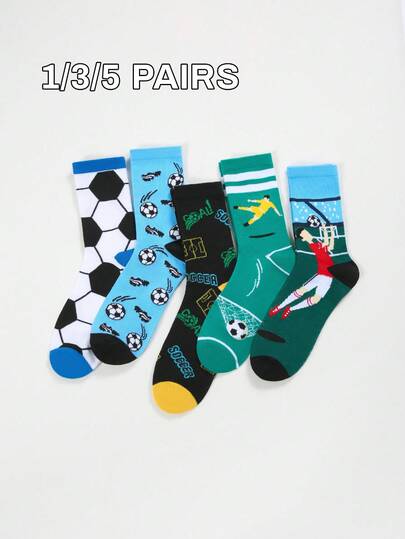 1/3/5 Pairs Football Themed Fun Crew Socks For Men, Suitable For Daily Wear, Watching Football Games, Playing Football, Ideal Gift For Football Enthusiasts