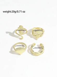 Set de 4 anillos apilables con diseños de la serie oceánica estilo INS, incluyendo caballito de mar, estrella de mar, concha y caracol, para mujeres - Dorado - Ver 5