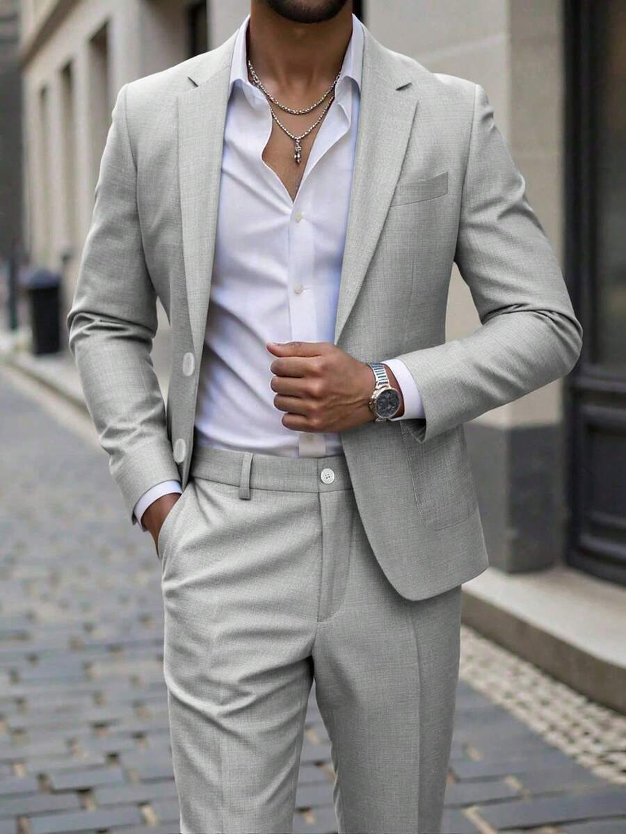 Bộ vest nam 2 món, áo blazer và quần kiểu Anh, phù hợp cho các dịp thường ngày, công sở, đi làm, đám cưới, tiệc tùng, tiệc chiêu đãi, mùa xuân/hè. - Xám - Xem 1