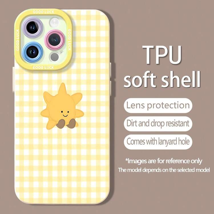 Lindo personaje de sol amarillo sobre fondo de cuadros .funda de teléfono Fundas compatibles con ,Apple,VIVO,OPPO,,, y Honor.Fabricadas en silicona TPU,ofrecen protección contra golpes y caídas. - Blanco - Añade 5