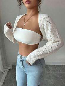 Bolero de punto para mujer, color blanco, manga larga holgada, ideal para combinar con tops y vestidos en primavera y verano - Blanco 2 - Ver 4