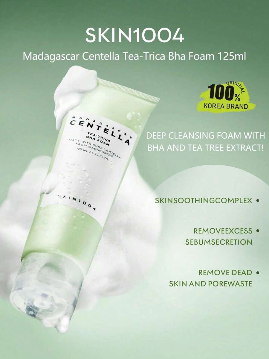 SKIN1004 Centella Tea-Trica BHA 泡沫潔面乳 125ml/4.22 Fl.Oz，濃密溫和泡沫，溫和去角質，清潔毛孔，控制過多油脂，舒緩肌膚，適用於油性肌膚，K-Beauty，韓國彩妝，OliveYoung，禮品