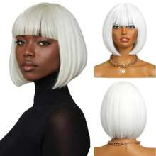 White Bobbed Wig With Bangs, White Party Wig With Fashionable Glasses (Star, Cat Eye, Heart-Shaped), Women's Short Neon Costume, Halloween Costume, Nightclub Wig - White - View 3